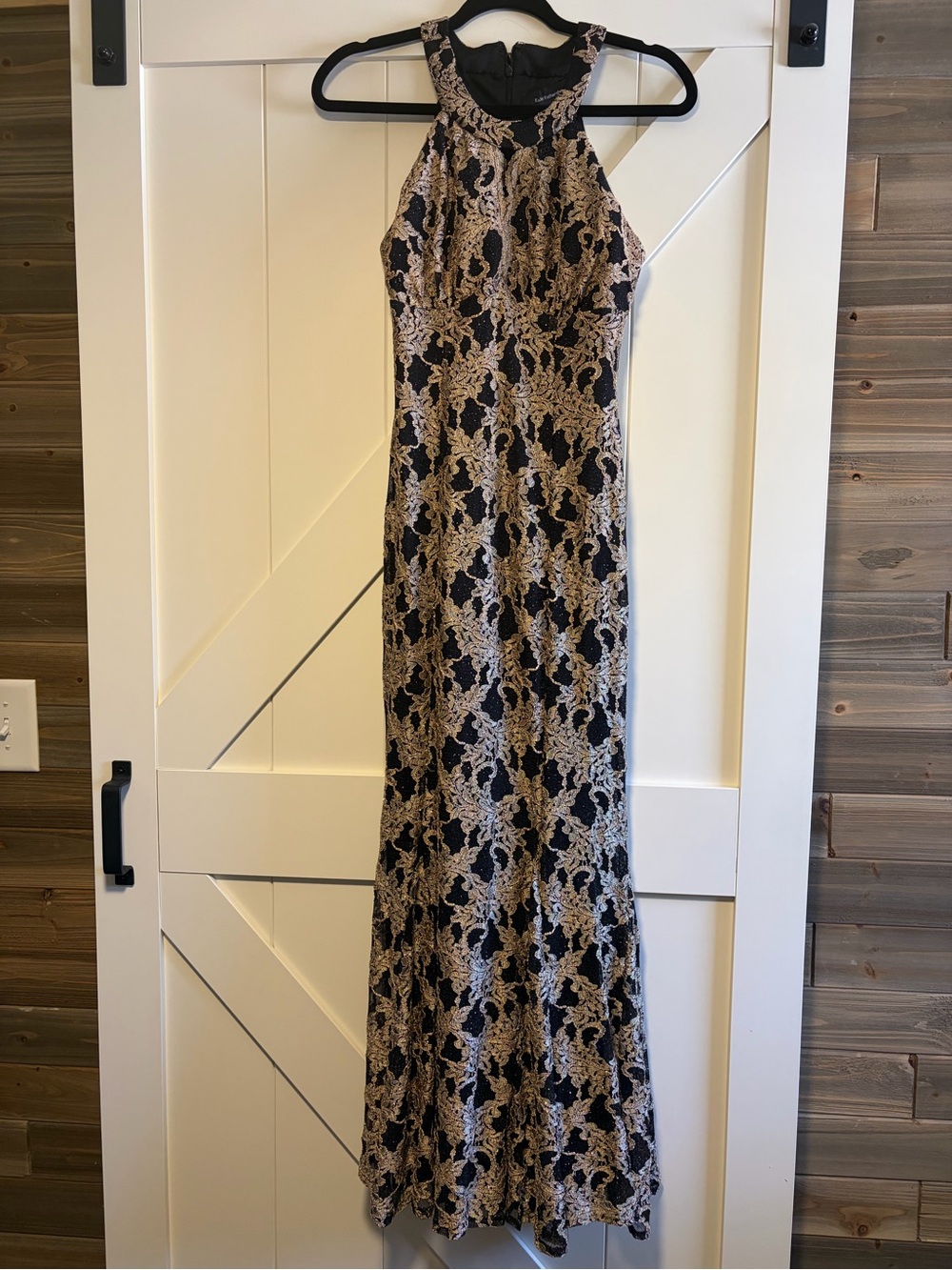 Sleeveless Black Maxi Dress with Gold Lace Overlay